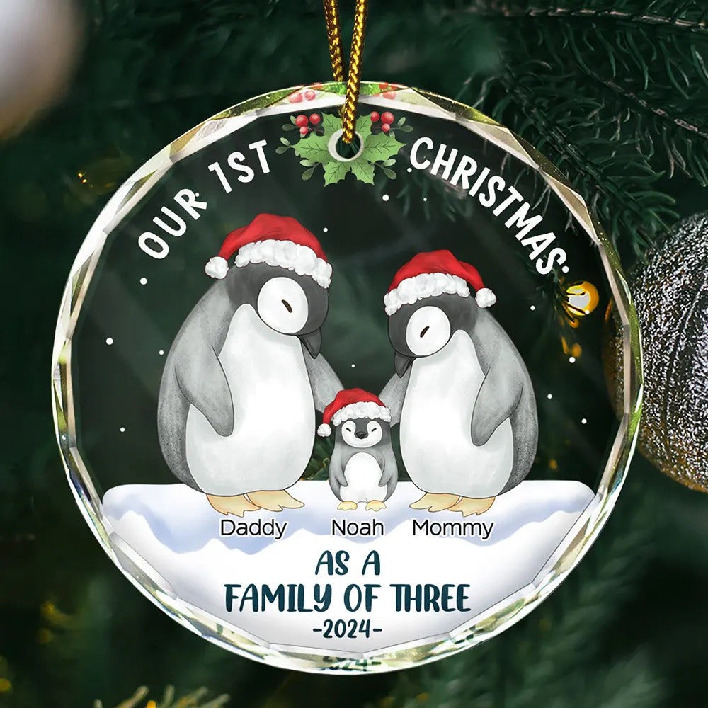 First Christmas As A Family Of Three Penguin - Personalized Circle Glass Ornament