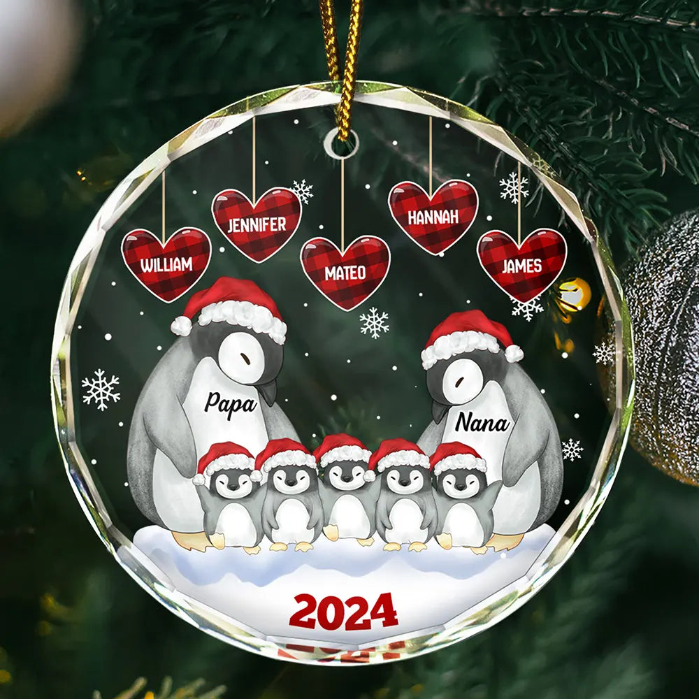 Papa Nana Penguin Christmas Grandparents - Personalized Circle Glass Ornament