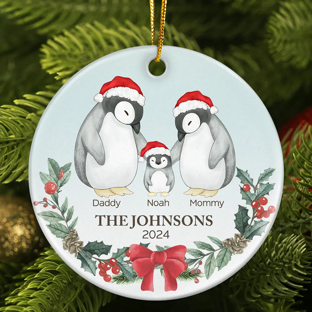 Family Penguin Christmas - Personalized Circle Ceramic Ornament