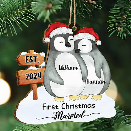 First Christmas Married Penguin Couple - Personalized Custom Shaped Wooden Ornament
