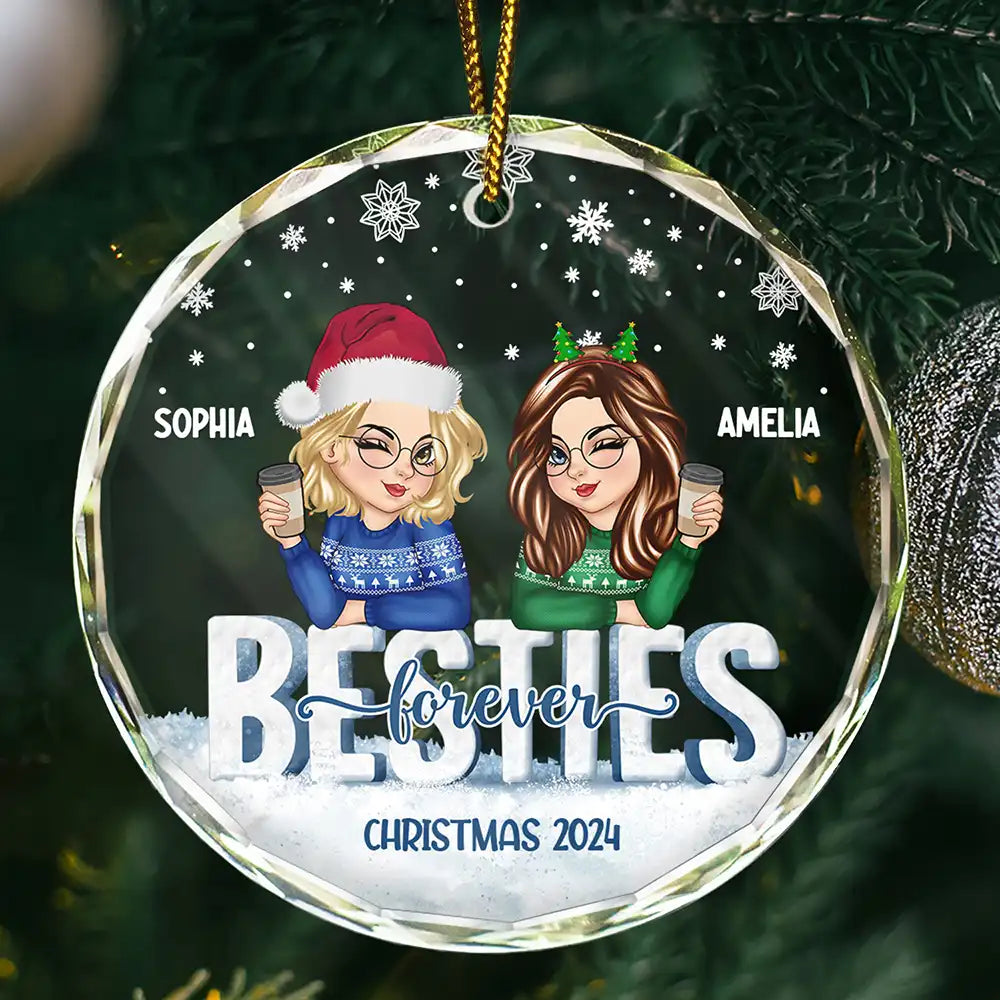 Besties Forever Christmas Sisters - Personalized Circle Glass Ornament