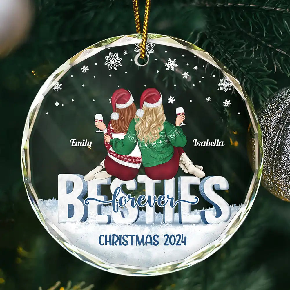 Besties Forever Christmas Sisters Backside - Personalized Circle Glass Ornament
