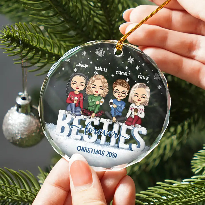 Gift For Bestie,Gifts For Colleagues,Happy,Christmas - Besties Forever Christmas Sisters Chibi - Personalized Circle Glass Ornament