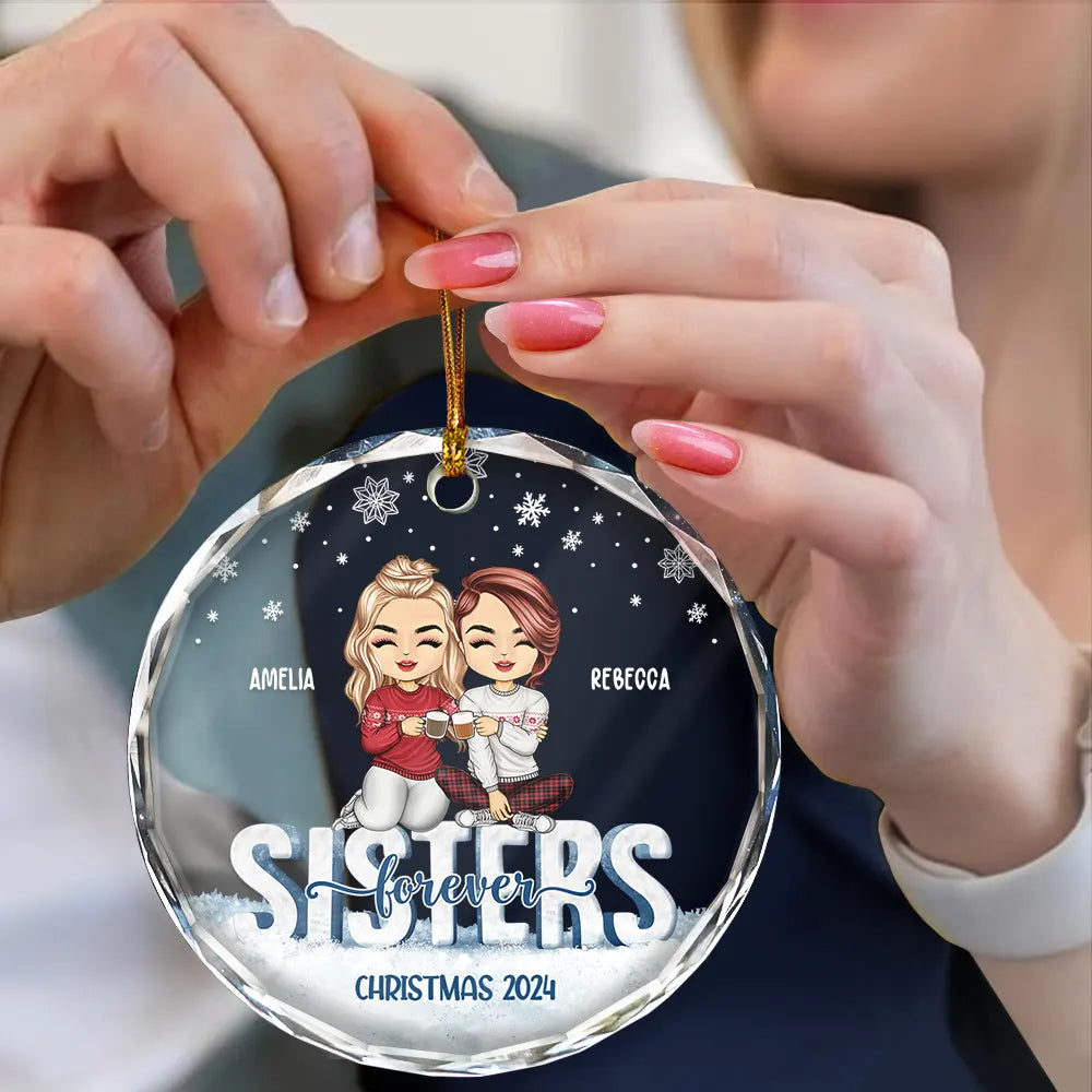 Gift For Bestie,Gifts For Colleagues,Happy,Christmas - Besties Forever Christmas Sisters Chibi - Personalized Circle Glass Ornament