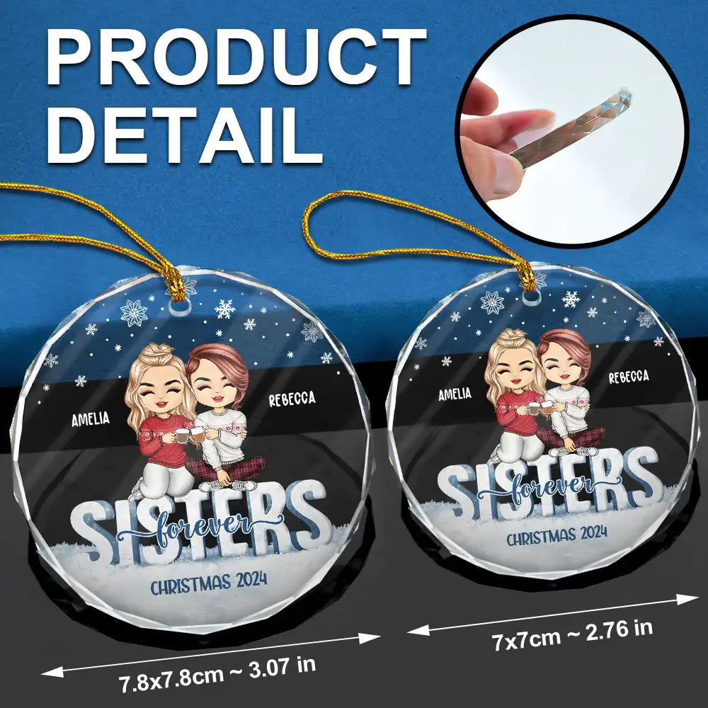 Gift For Bestie,Gifts For Colleagues,Happy,Christmas - Besties Forever Christmas Sisters Chibi - Personalized Circle Glass Ornament