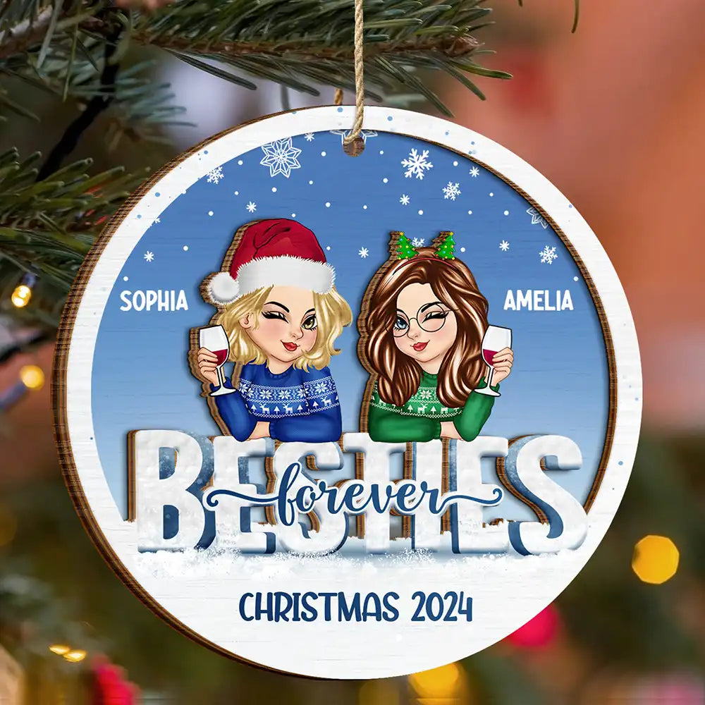 Besties Forever Christmas Sisters - Personalized 2-Layered Wooden Ornament