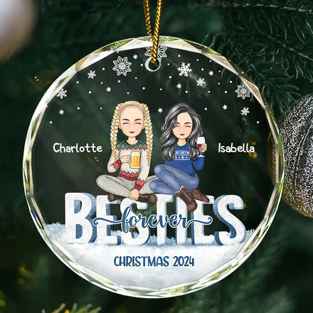 Besties Forever Christmas Sisters Cartoon - Personalized Circle Glass Ornament