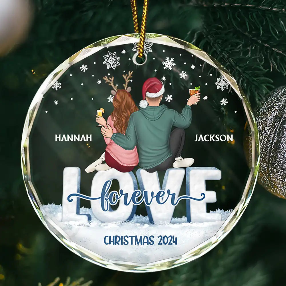 Love Forever Christmas Couple - Personalized Circle Glass Ornament