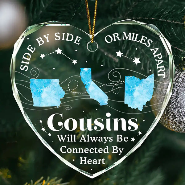 Family - Long Distance Cousins Will Always Be Connected By Heart Family - Personalized Heart Shaped Glass Ornament