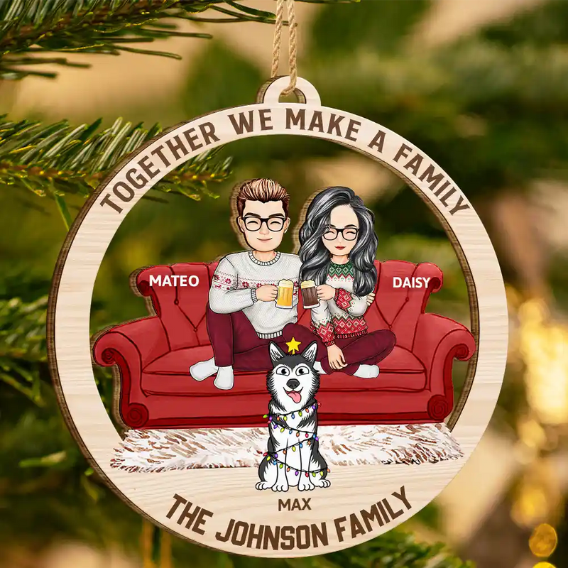 Gift For Couples, Happy, Family, Pet Lovers - Cartoon Couple With Kids And Pets - Personalized Wooden Cutout Ornament

