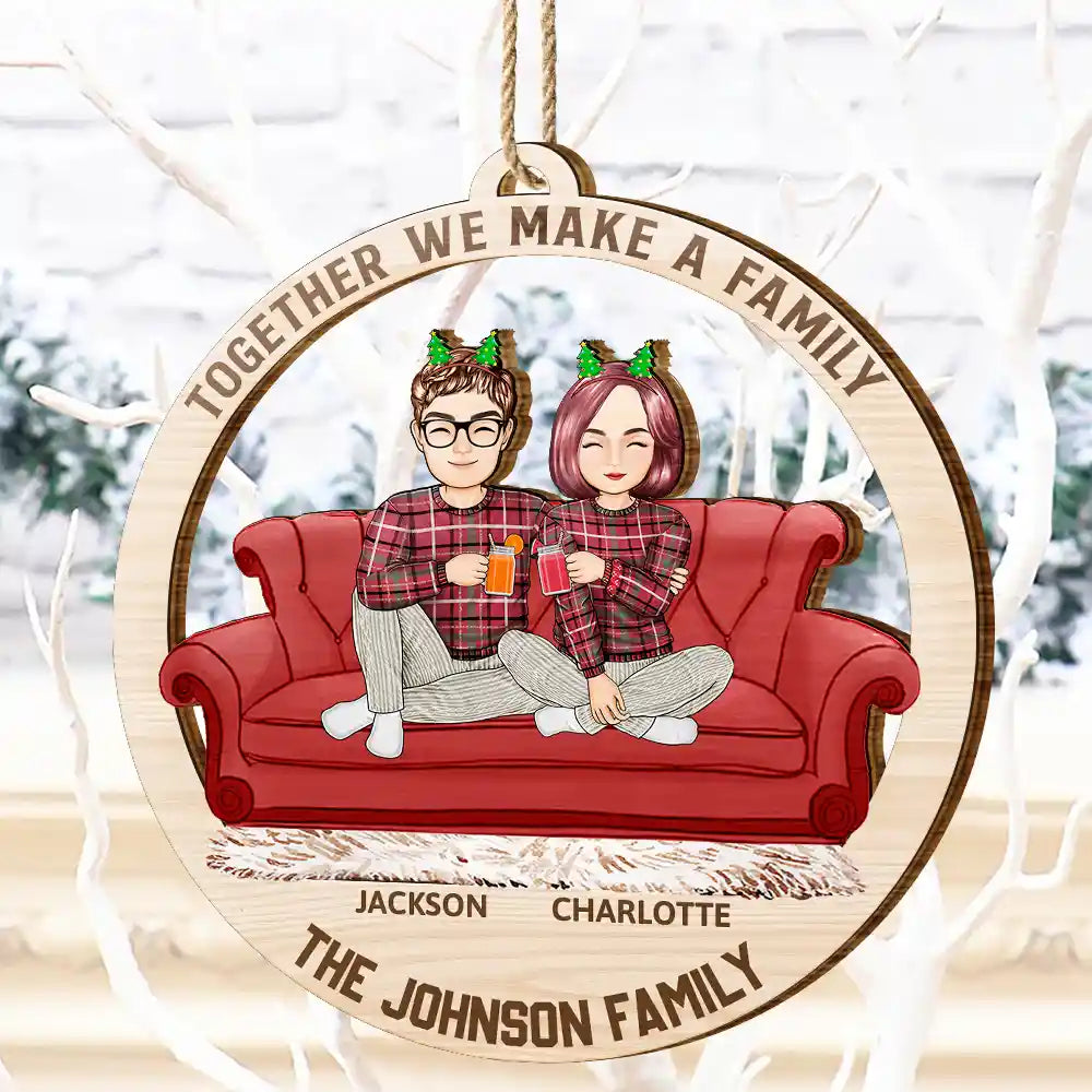 Gift For Couples, Happy, Family, Pet Lovers - Cartoon Couple With Kids And Pets - Personalized Wooden Cutout Ornament
