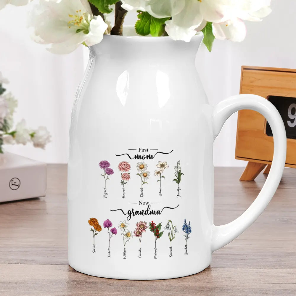 First Mom Now Grandma Birth Flowers - Personalized Ceramic Flower Vase