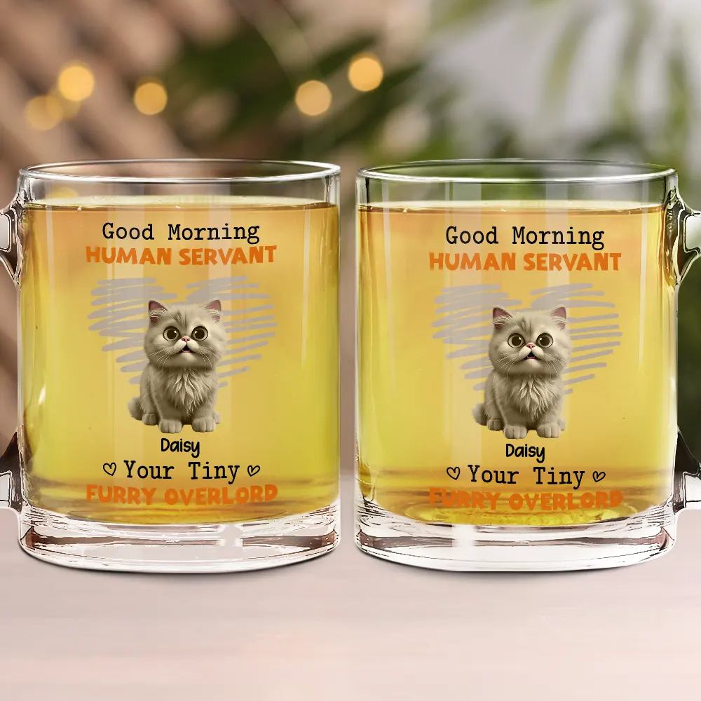 Cat Lovers, Pet Lovers, Funny, Cat Mom, Cat Dad - Good Morning Human Servant Funny Cat - Personalized Glass Mug