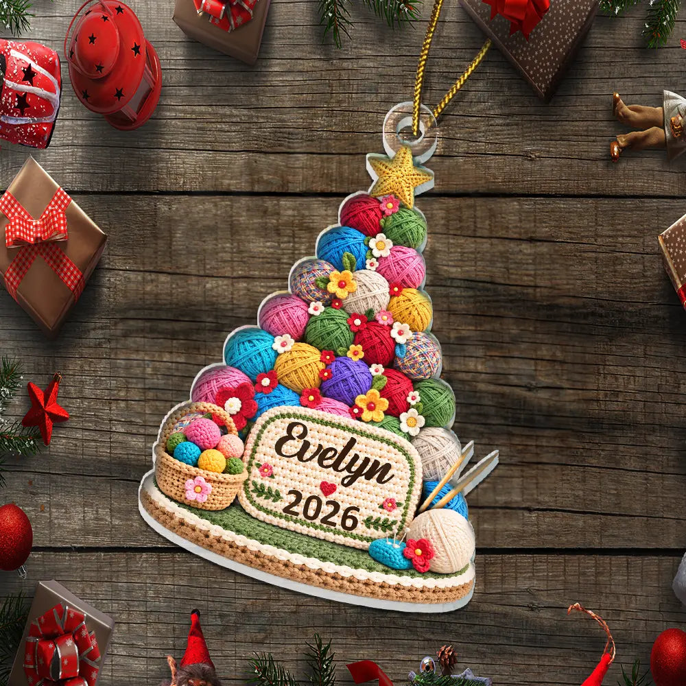 Christmas,Crocheting,Cozy,Gift For Yourself,Gift For Women,Custom Text - Yarn Christmas Tree For Crochet & Knitting Lovers - Personalized Custom Shaped Acrylic Ornament