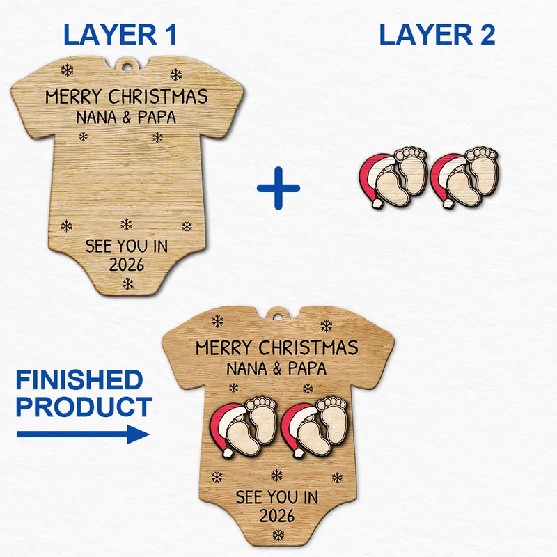 Christmas,New Dad,New baby,New Mom,Happy - Baby Expecting See You In 2026 Onesie Shaped - Personalized 2-Layered Wooden Ornament