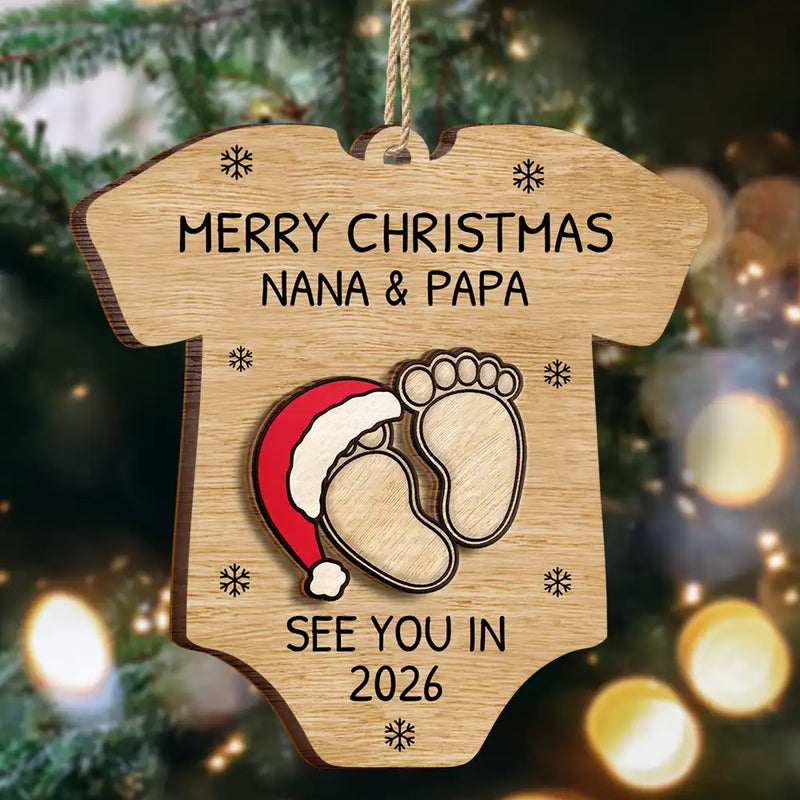 Christmas,New Dad,New baby,New Mom,Happy - Baby Expecting See You In 2026 Onesie Shaped - Personalized 2-Layered Wooden Ornament