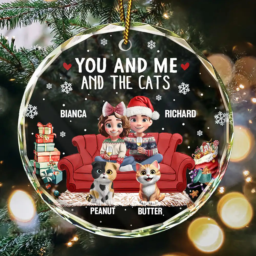 Funny,Cat Couple,Christmas - You And Me And The Cats 3d Effect - Personalized Circle Glass Ornament