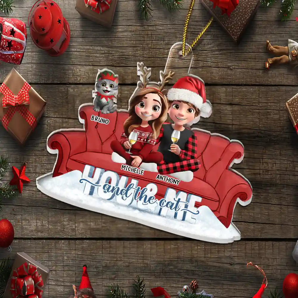 Happy,Cat Couple,Christmas - You And Me And The Cats Couch - Personalized Custom Shaped Acrylic Ornament