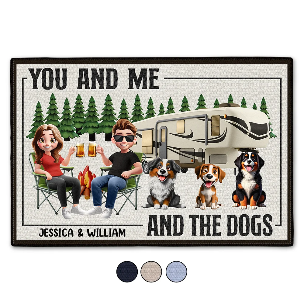 Camping, Campsite, Couple's Hobby, Happy, Gift For Couples, Dog Couple, Dog Lovers - You And Me And The Dogs Camping Cartoon - Personalized Doormat