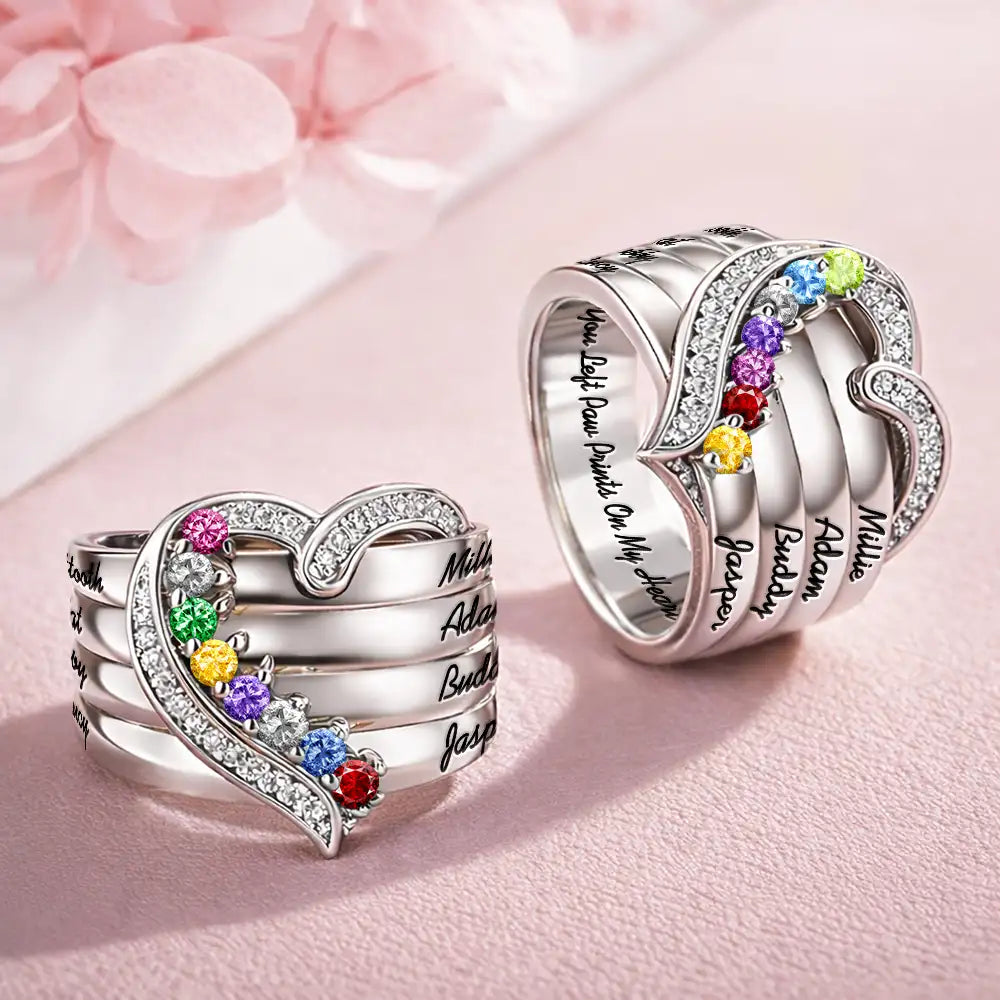 Gift For Women,Gift For Yourself,Gift For Mother,Sad,Memorial,Cat Lovers,Cat Mom,Dog Mom,Dog Lovers - You Left Paw Prints On My Heart - Personalized Birthstone Heart Ring