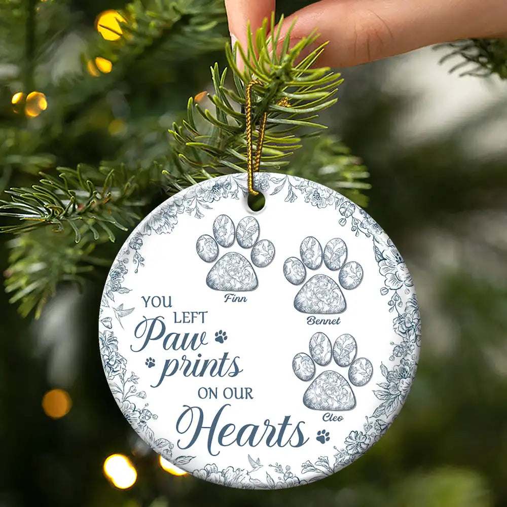 Pet Lovers,Pet Mom,Pet Dad,Dog Lovers,Dog Mom,Dog Dad,Cat Lovers,Cat Mom,Cat Dad,Memorial,Christmas,Sad,Gift For Women,Gift For Men,Custom Photo - You Left Paw Prints On My Heart Memorial - Personalized Circle Ceramic Ornament