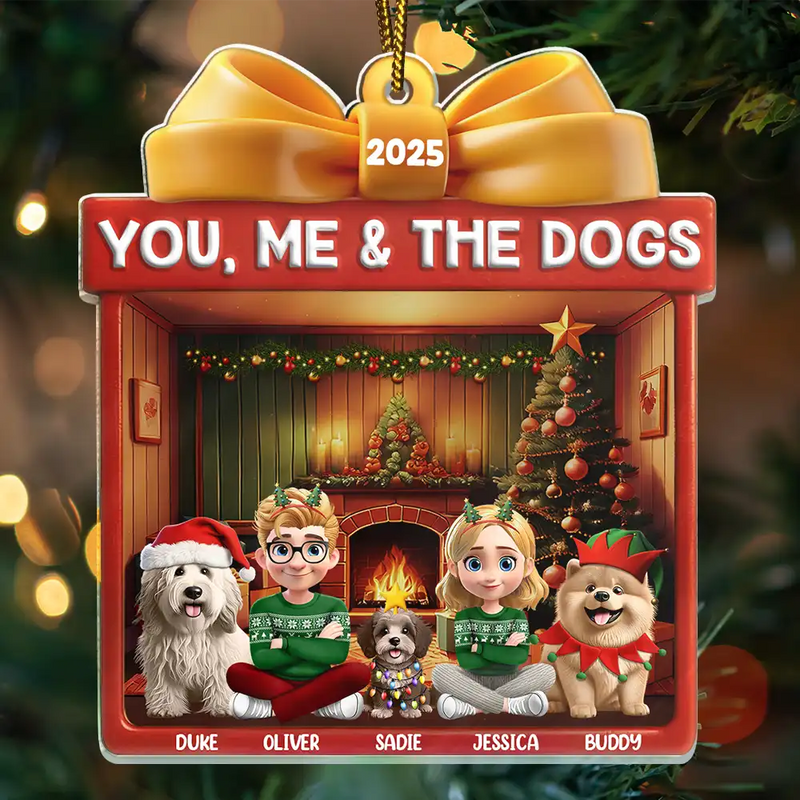 Happy,Dog Couple,Gift For Couples,Pet Lovers,Dog Lovers,Christmas - You Me And The Dog Christmas Box - Personalized Custom Shaped Acrylic Ornament