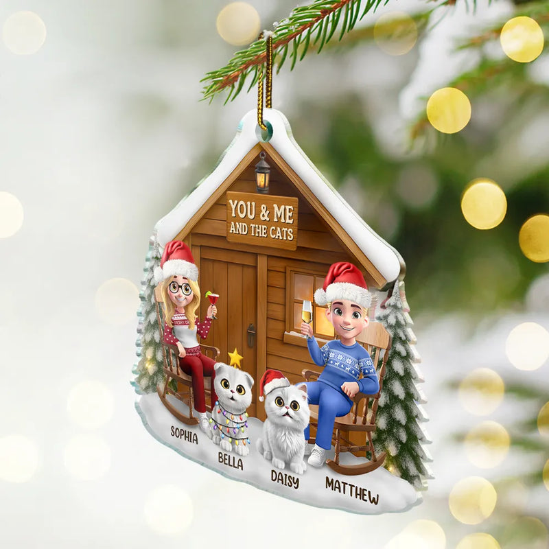 Pet Couple,Cat Couple,Cat Lovers,Pet Lovers,Christmas,Happy - You & Me And The Cat 3D Effect Couple - Personalized Custom Shaped Acrylic Ornament