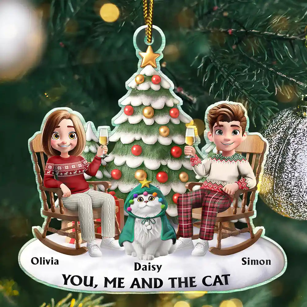 You & Me And The Cats 3D Effect Couple Sitting - Personalized Custom Shaped Acrylic Ornament