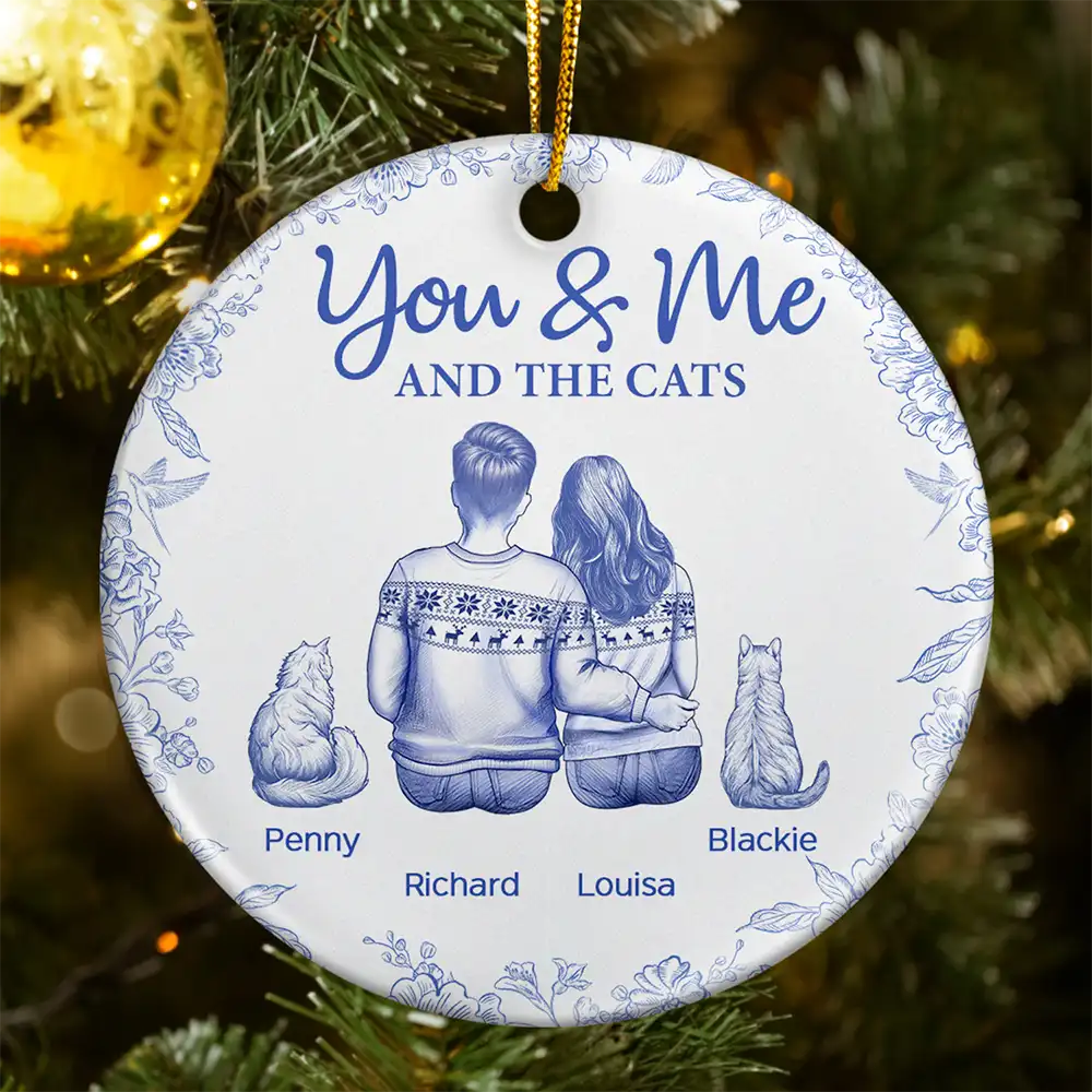 Cat Lovers, Pet Lovers, Happy, Cat Couple, Christmas - You & Me & The Cat Toile - Personalized Circle Ceramic Ornament