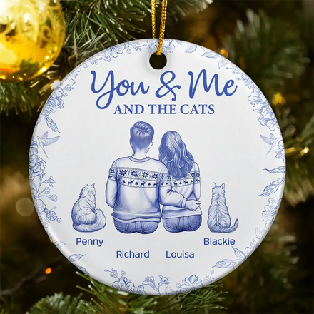 You & Me & The Cat Toile - Personalized Circle Ceramic Ornament