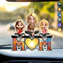 Gift For Mother - Young Mother Daughter Son We Love You Mom 3D Cartoon - Personalized Acrylic Car Hanger
