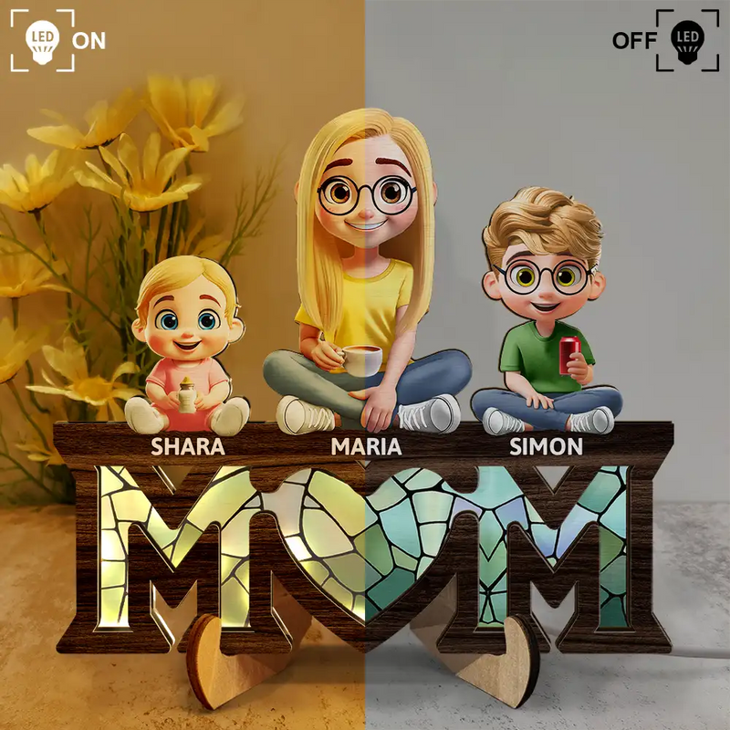 Gift For Mother, Love - Young Mother Daughter Son We Love You Mom 3D Cartoon - Personalized LED Light Wooden Plaque