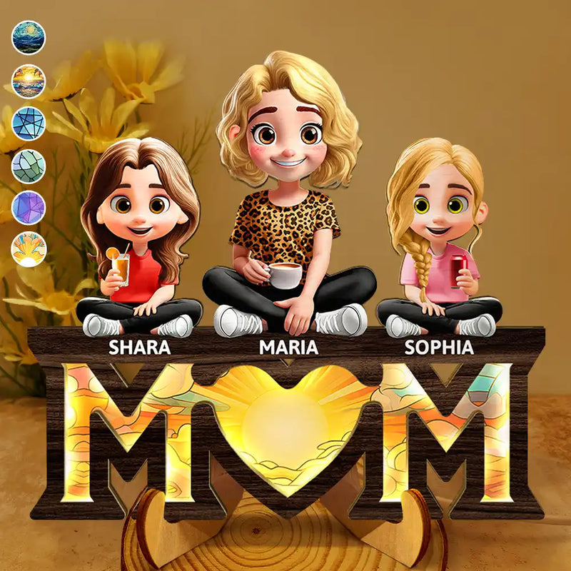 Gift For Mother, Love - Young Mother Daughter Son We Love You Mom 3D Cartoon - Personalized LED Light Wooden Plaque