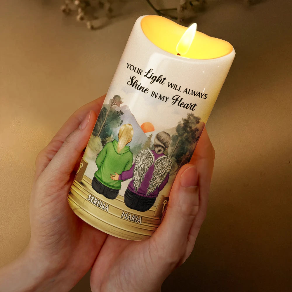 Christmas,Sad,Memorial,Family,Parents - Your Light Will Always Shine In My Heart Memorial - Personalized Flameless LED Candle
