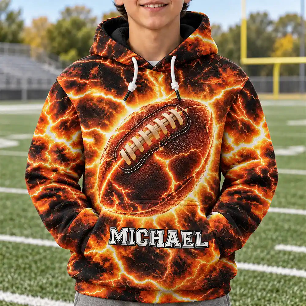 Football (Soccer),Gift For Kids,Happy,Icon,Top Market - Youth Athlete Gift For Boys - Personalized Fire And Lightning Sports Ball Fleece Hoodie