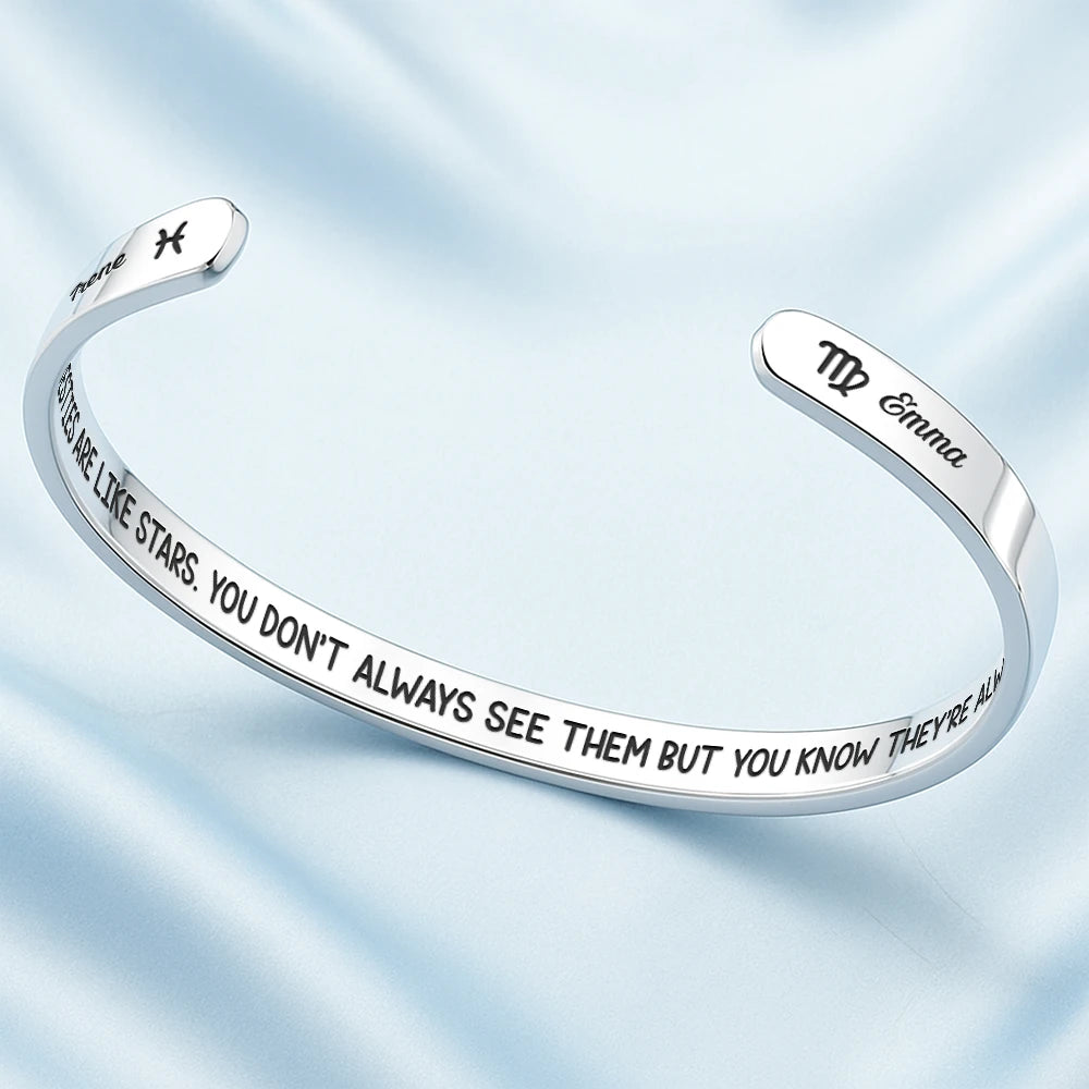 Gift For Women, Gift For Sibling, Gift For Sisters, Gift For Bestie, Love - Zodiac Signs Friends Are Like Stars - Personalized Bangle Bracelet Cuff
