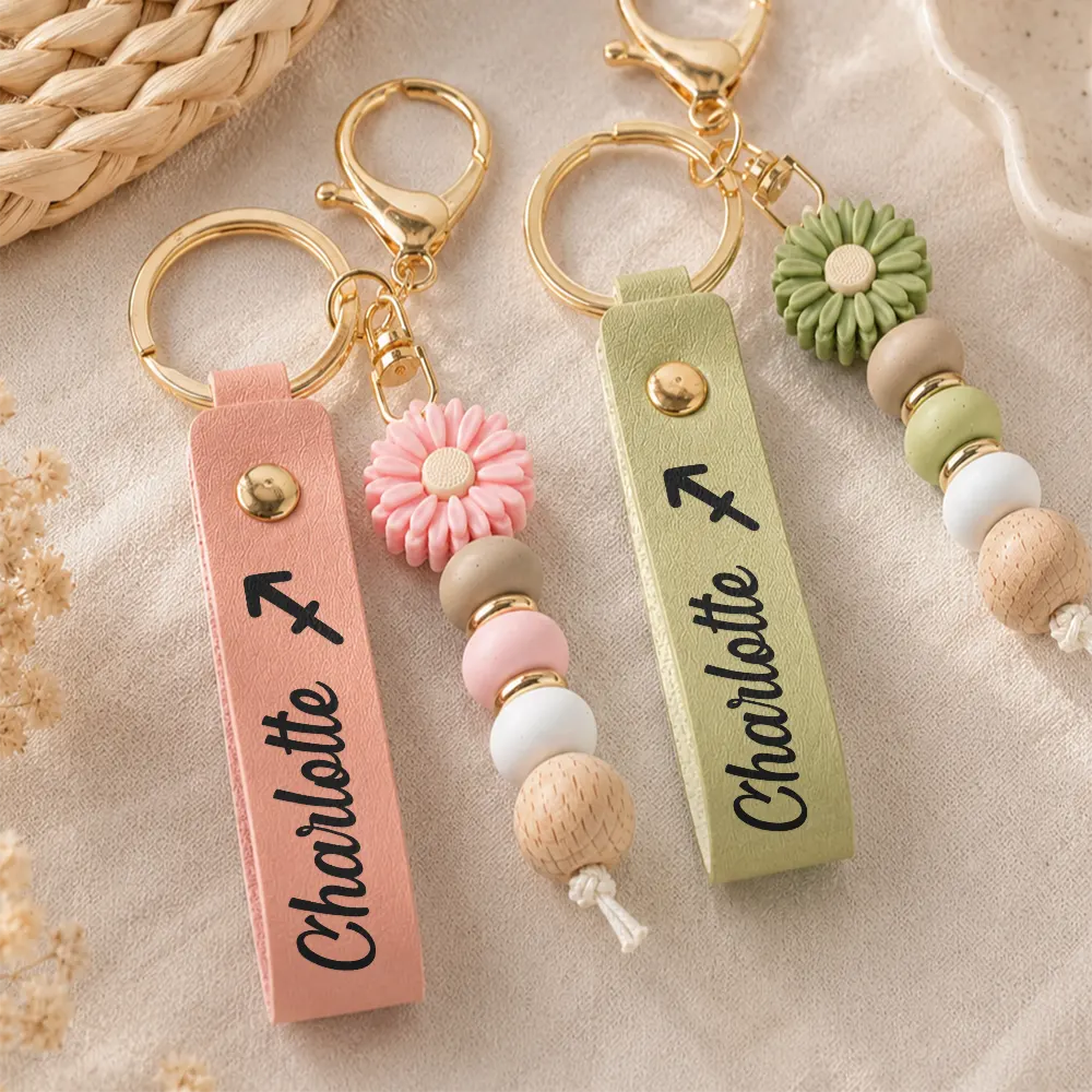 Gift For Yourself,Gift For Women,Adorable,Icon- Zodiac Signs With Name - Personalized Leather Beaded Keychain