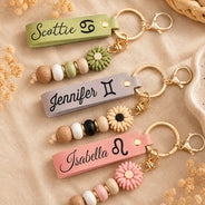 Gift For Yourself,Gift For Women,Adorable,Icon- Zodiac Signs With Name - Personalized Leather Beaded Keychain