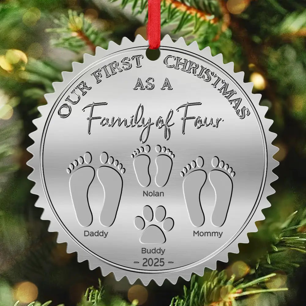 First Christmas As A Family Of Four Footprints - Personalized Metal Ornament