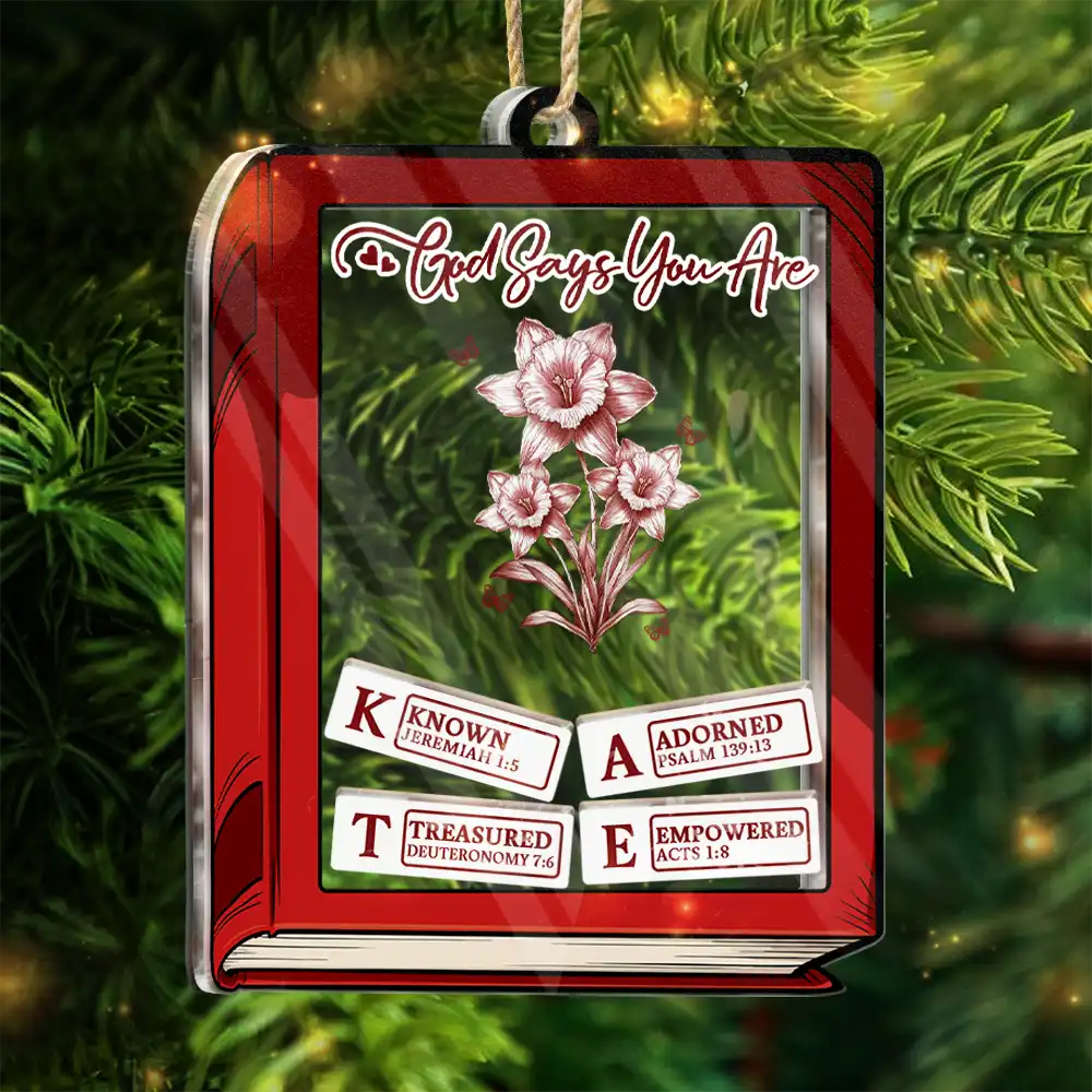 God Says I Am Toile De Jouy Birth Flower Book Shape - Personalized 3-Layered Acrylic Shaker Ornament