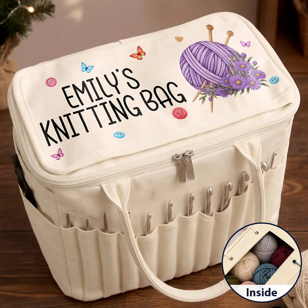 Birthday Gift For Crocheter Knitter - Personalized Name & Birth Flower Yarn Ball Canvas Yarn Tote Bag