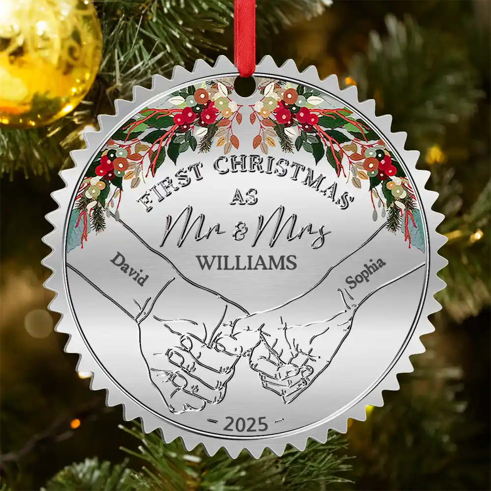 Gift For Couples, Married , Wedding Anniversary, Love - Holding Hands First Christmas Married Couple - Personalized Metal Ornament