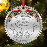 Gift For Couples, Married , Wedding Anniversary, Love - Holding Hands First Christmas Married Couple - Personalized Metal Ornament