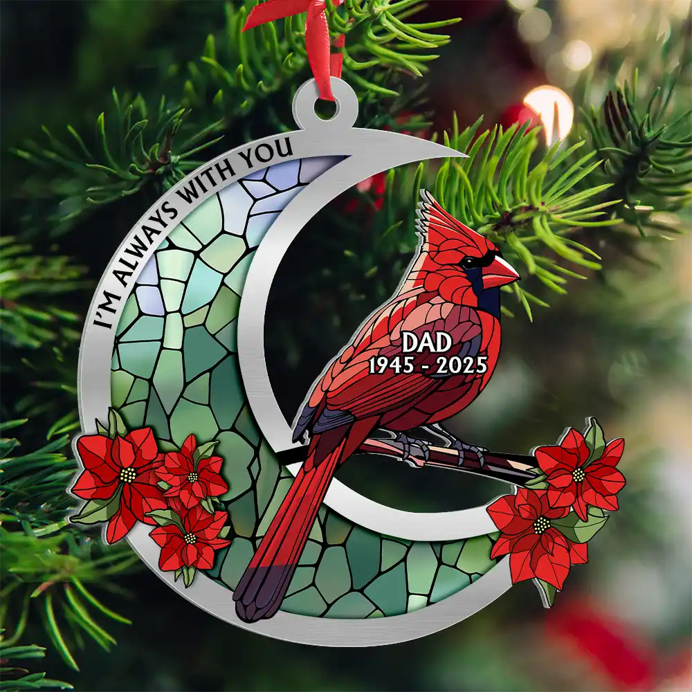 Memorial Cardinal Stained Glass Moon - Personalized Metal Ornament