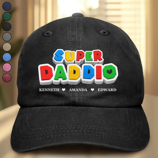 Gift For Father,Non-Eng,Custom Text,Adorable - Super Dad Papa Arcade Retro 3D Effect Custom Kid Names - Personalized Vintage Washed Denim Cap