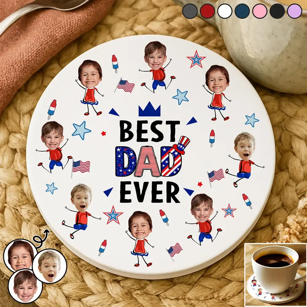 Custom Photo Stars & Stripes Best Dad Mom Grandpa Grandma Ever - Personalized Ceramic Coaster