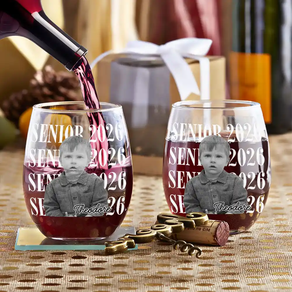 Graduation,Happy,Photo,Proud - Custom Photo Senior Vintage Portrait - Personalized Stemless Wine Glass